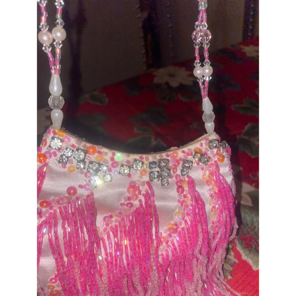 Women's vintage Cem Pink White Beaded evening bag - Picture 5 of 8